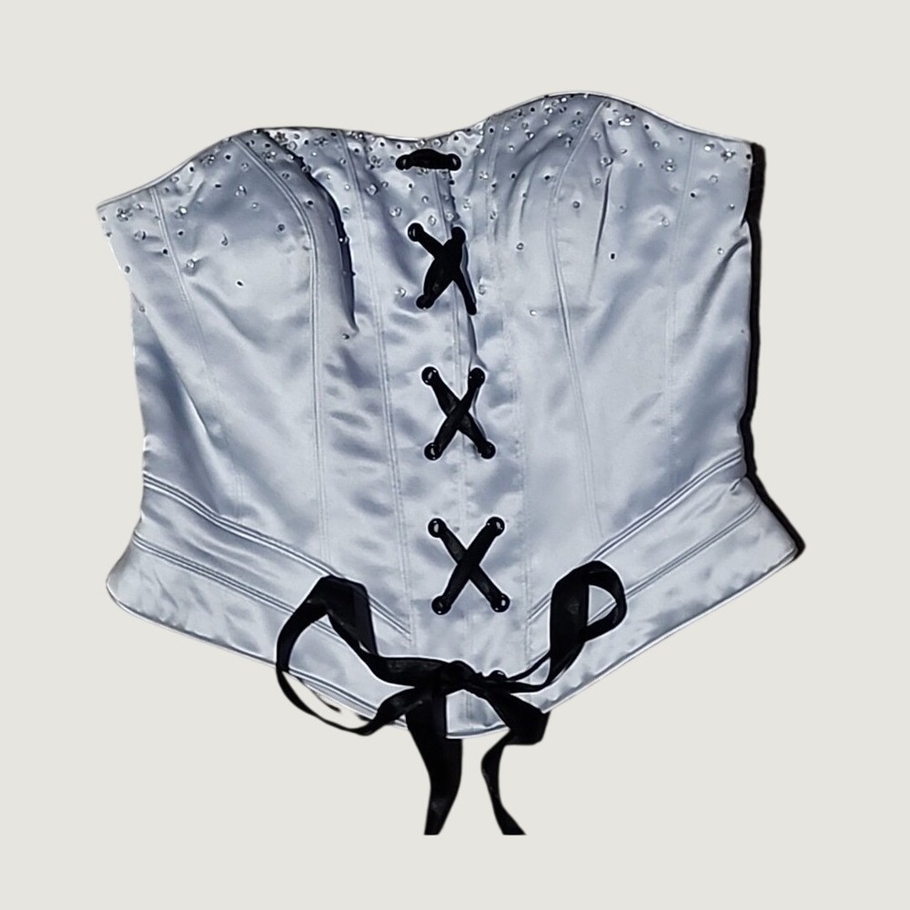 Pinky & Me Satin Corset Top 6‎ Silver Beaded Lace Up Whimsigoth Rockabilly Retro